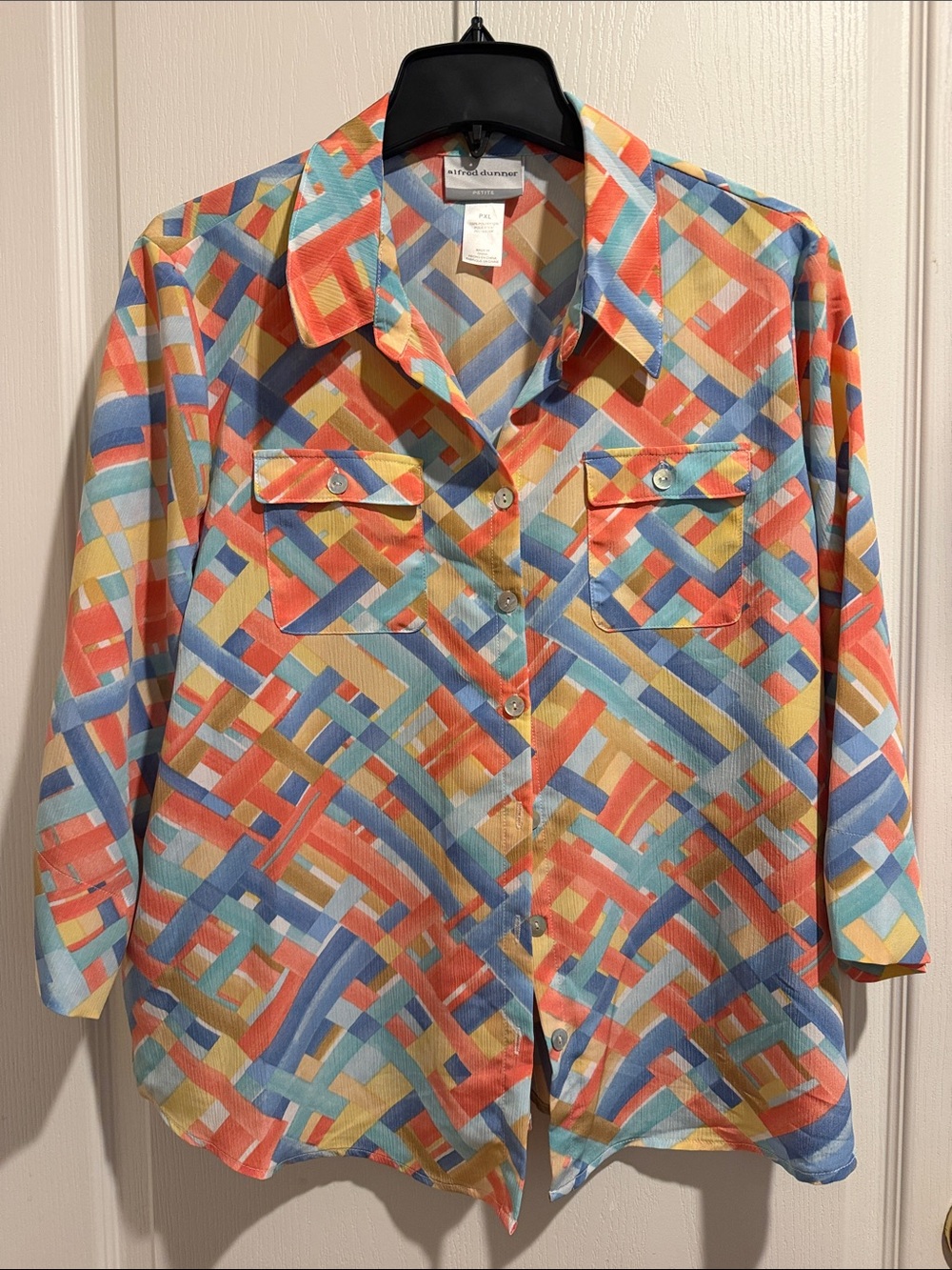 Alfred Dunner Coral Blue Yellow Geometric Print Button-Up